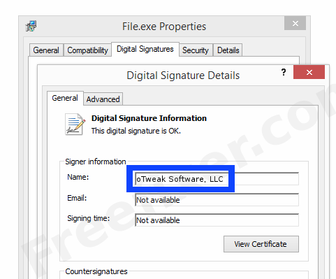 Screenshot of the oTweak Software, LLC certificate